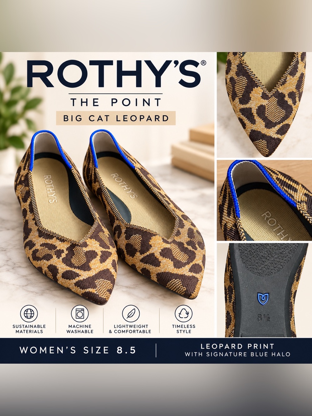 Rothy’s The Point Big Cat Leopard Flats Blue Halo Women’s 8.5